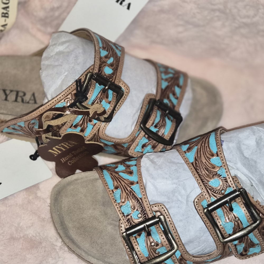 Myra Bag  Sandals - Tan and Blue
